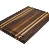 Walnut edge grain cutting board with maple and Purple Heart accent strips showcasing juice groove and handles. Canadian made by Bergeron Woodgrains