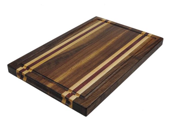 Walnut edge grain cutting board with maple and Purple Heart accent strips showcasing juice groove and handles. Canadian made by Bergeron Woodgrains