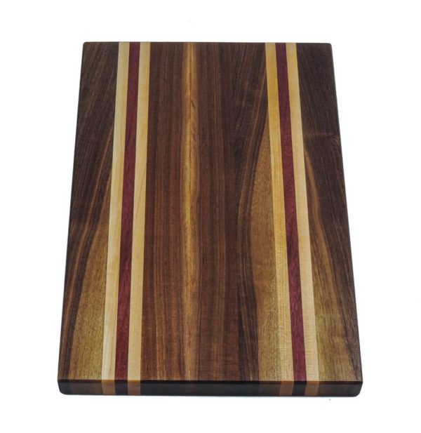 Walnut edge grain cutting board with maple and Purple Heart accent strips. Canadian made by Bergeron Woodgrains