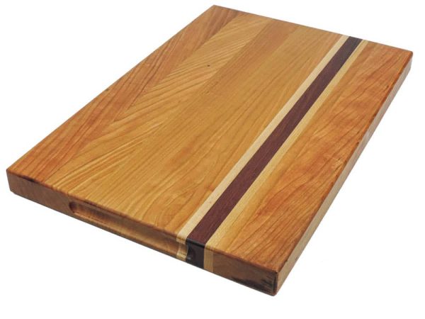 Cherry edge grain cutting board with maple and purple heart accent strips showcasing handles. Made in Canada by Bergeron Woodgrains