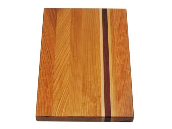 Cherry edge grain cutting board with maple and purple heart accent strips. Made in Canada by Bergeron Woodgrains