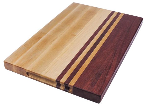 Maple and purple heart edge grain cutting board with handles. Canadian made by Bergeron Woodgrains