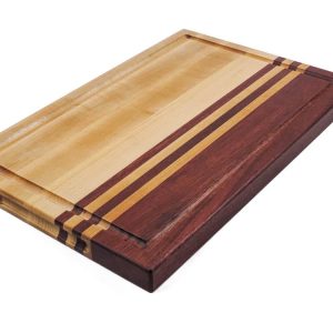 Maple and purple heart edge grain cutting board with juice groove and handles. Canadian made by Bergeron Woodgrains