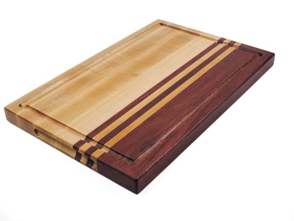 Maple and purple heart edge grain cutting board with juice groove and handles. Canadian made by Bergeron Woodgrains