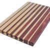 Maple and purple heart edge grain cutting board featuring narrowing opposing strips running along the long edge of the cutting board with handles. Canadian made by Bergeron Woodgrains