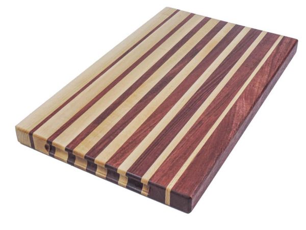 Maple and purple heart edge grain cutting board featuring narrowing opposing strips running along the long edge of the cutting board with handles. Canadian made by Bergeron Woodgrains