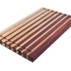 Maple and purple heart edge grain cutting board featuring narrowing opposing strips running along the long edge of the cutting board with juice groove and handles. Canadian made by Bergeron Woodgrains