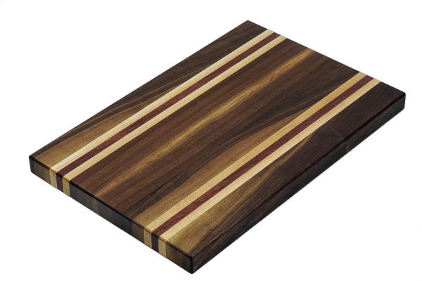 Walnut edge grain cutting board with maple and Purple Heart accent strips. Canadian made by Bergeron Woodgrains