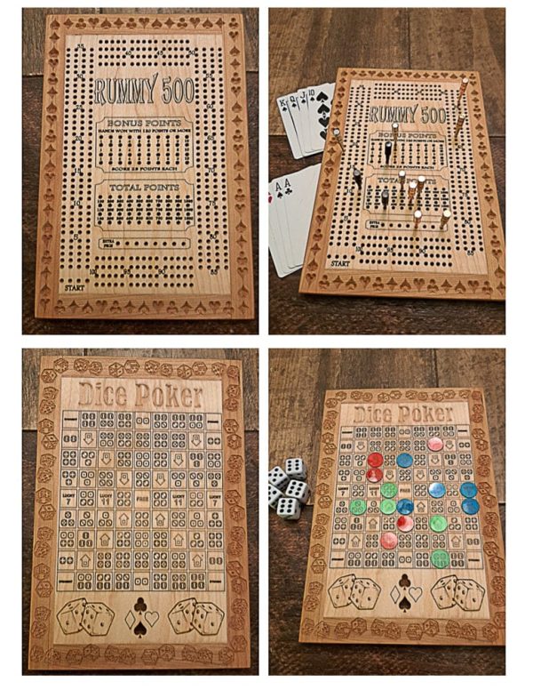 Handcrafted wooden board game featuring a Rummy 500 and Dice Poker scorecard displaying pegs, Bicycle playing cards, Dice and Bingo Chips in play. Canadian made by Bergeron Woodgrains