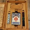 Handcrafted wooden board game featuring a Dice Poker scorecard with storage box with pegs, cards, bingo chips and dice displayed. Made by Bergeron Woodgrains