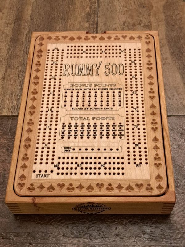 Handcrafted wooden board game featuring a Rummy 500 scorecard with storage box showcasing dovetail and box finger joints. Made by Bergeron Woodgrains