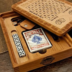 Handcrafted wooden board game featuring a Dice Sequence scorecard with storage box with pegs, cards, bingo chips and dice displayed. Made by Bergeron Woodgrains