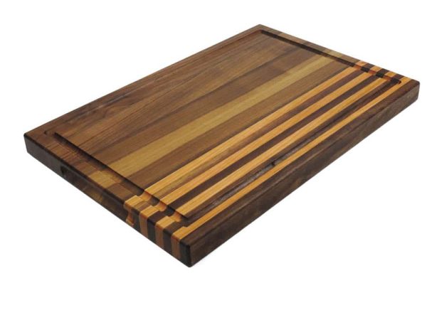 Walnut edge grain cutting board with 4 cherry stripes, featuring juice groove and handles along the top and side of the board. Canadian made by Bergeron Woodgrains