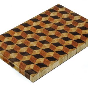 Handcrafted 12x18" 3D tumbling block end grain cutting board featuring embedded grooved handles along the side of the cutting board. Canadian made by Bergeron Woodgrains