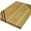 Maple edge grain cutting board with two walnut accent strips along 2 opposing corners. Featuring an embedded grooved handle on the side of the cutting board. Made in Canada by Bergeron Woodgrains