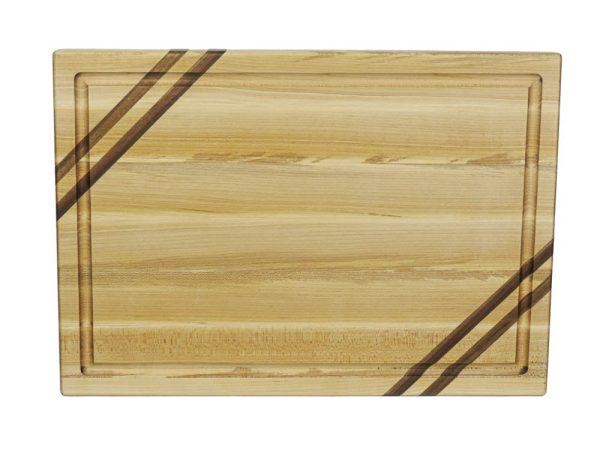 Maple edge grain cutting board with two walnut accent strips along 2 opposing corners. Featuring a juice groove on the face of the cutting board. Made in Canada by Bergeron Woodgrains