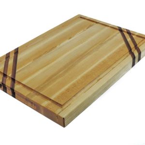 Maple edge grain cutting board with two walnut accent strips along 2 opposing corners. Featuring a juice groove on the face of the cutting boardand handles along the side. Made in Canada by Bergeron Woodgrains