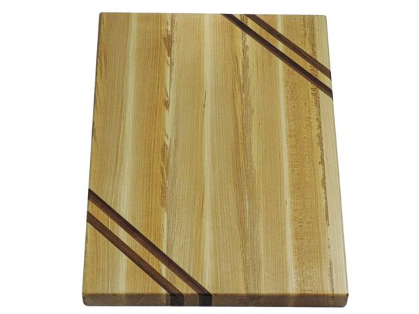 Maple edge grain cutting board with two walnut accent strips along 2 opposing corners. Made in Canada by Bergeron Woodgrains