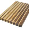 Maple and walnut edge grain cutting board featuring narrowing opposing strips running along the long edge of the cutting board and embedded grooved handles along the side of the board. Canadian made by Bergeron Woodgrains