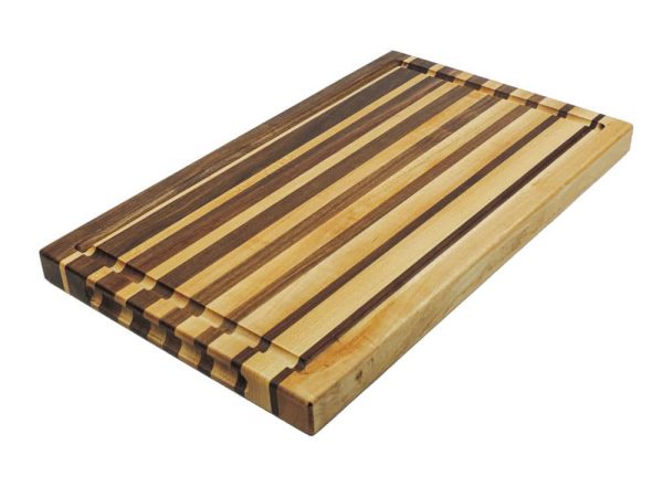 Maple and walnut edge grain cutting board featuring narrowing opposing strips running along the long edge of the cutting board as well as a juice groove and handles on the top and side of the board. Canadian made by Bergeron Woodgrains