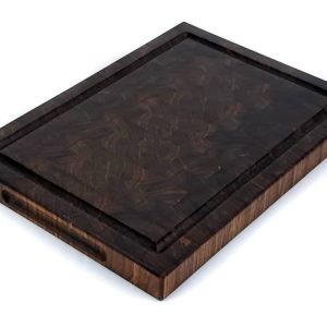 Handcrafted Walnut end grain cutting board featuring embedded grooved handles and juice groove on the side and top of the cutting board. Made in Canada by Bergeron Woodgrains.