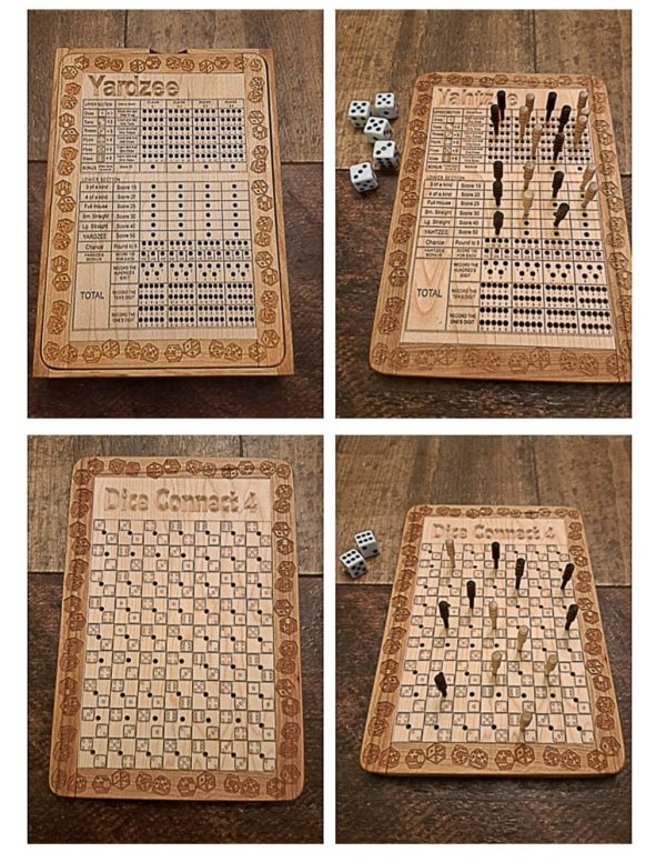 Handcrafted wooden board game featuring a Yardze and Dice Connect 4 with storage box displaying pegs and Bicycle playing cards in play. Made by Bergeron Woodgrains