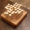 Wood square traditional peg solitaire brain teaser featuring guidelines for legal moves, bevelled edges, wooden pegs and scoring instructions on the back. Made in Canada by Bergeron Woodgrains