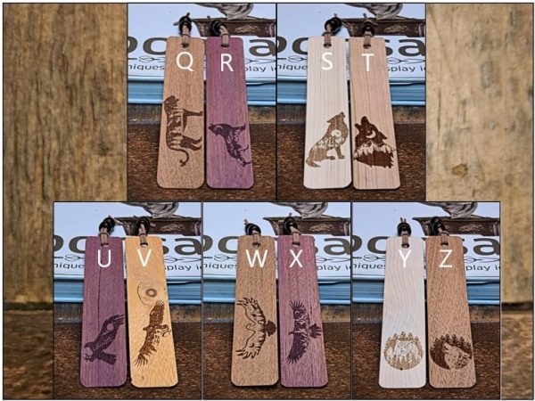 Collection of laser engraved wood bookmarks with various wildlife animals