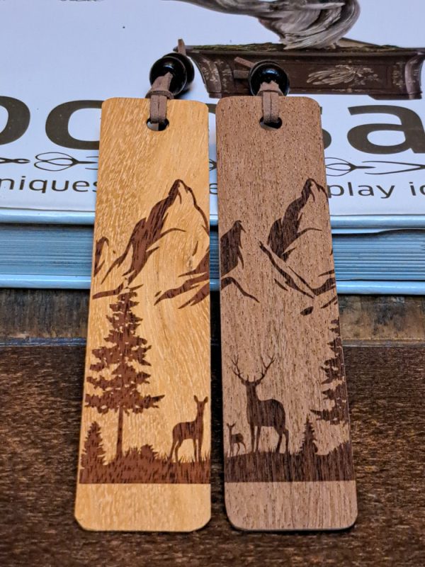 Wood Bookmarks with lather beaded tassle engraved with mountain - wildlife nature scene