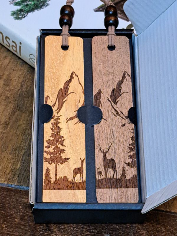 Laser engraved Wood bookmarks with wildlife nature scene inside set inside a small gift box