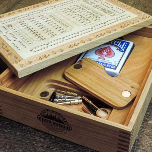 Gin rummy wood board game with handcrafted storage box with card pocket cutouts and magnetic enclosures to hold game accessories