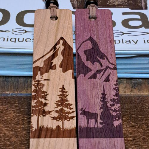 Wood Bookmarks with lather beaded tassle engraved with mountain - wildlife nature scene